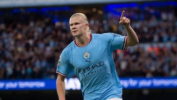 Erling Haaland of Manchester City celebrates scoring his second goal during the Premier League match against Nottingham Forest.