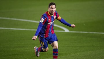 BARCELONA, SPAIN - APRIL 22: Lionel Messi of FC Barcelona celebrates scoring his side&#039;s first goal during the La Liga Santander match between FC Barcelona and Getafe CF at Camp Nou on April 22, 2021 in Barcelona, Spain. Sporting stadiums around the U