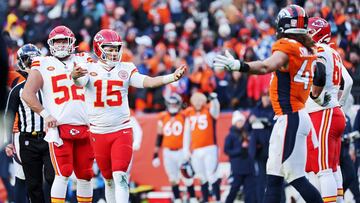 DENVER, COLORADO - OCTOBER 29: Patrick Mahomes #15 of the Kansas City Chiefs reacts to a play during the fourth quarter of a game against the Denver Broncos at Empower Field At Mile High on October 29, 2023 in Denver, Colorado.   Justin Tafoya/Getty Images/AFP (Photo by Justin Tafoya / GETTY IMAGES NORTH AMERICA / Getty Images via AFP)