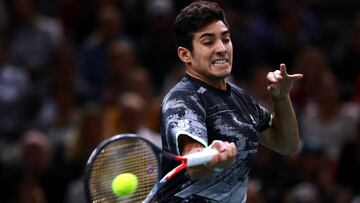 PARIS, FRANCE - OCTOBER 31: Cristian Garin of Chile returns a forehand in his match against Jeremy Chardy of France on day 4 of the Rolex Paris Masters, part of the ATP World Tour Masters 1000 held at the at AccorHotels Arena on October 31, 2019 in Paris, France. (Photo by Dean Mouhtaropoulos/Getty Images)