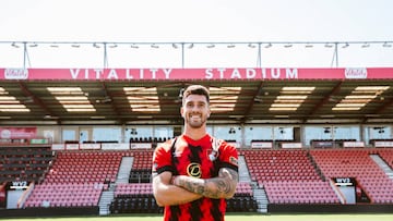 BOURNEMOUTH, ENGLAND - AUGUST 08: New signing Marcos Senesi of Bournemouth poses following his signing at Vitality Stadium on August 08, 2022 in Bournemouth, England. (Photo by AFC Bournemouth/AFC Bournemouth via Getty Images)