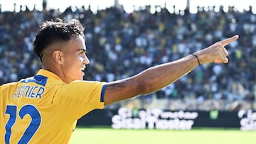 Frosinone (Italy), 08/10/2023.- Jesus Carvalho Reinier of Frosinone celebrates after scoring the 1-0 goal during the Serie A soccer match between Frosinone Calcio and Hellas Verona FC at Benito Stirpe stadium in Frosinone, Italy, 08 October 2023. (Italia) EFE/EPA/FEDERICO PROIETTI
