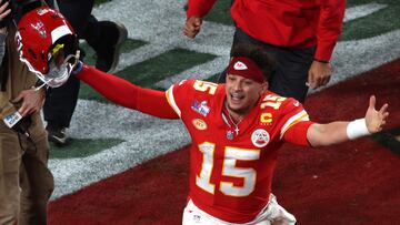 LAS VEGAS, NEVADA - FEBRUARY 11: Patrick Mahomes #15 of the Kansas City Chiefs celebrates after defeating the San Francisco 49ers 25-22 in overtime during Super Bowl LVIII at Allegiant Stadium on February 11, 2024 in Las Vegas, Nevada.   Rob Carr/Getty Images/AFP (Photo by Rob Carr / GETTY IMAGES NORTH AMERICA / Getty Images via AFP)