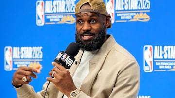 SAN FRANCISCO, CALIFORNIA - FEBRUARY 16: Lebron James #23 of the Los Angeles Lakers and Shaq's OGs speaks to media in a press conference during the 74th NBA All-Star Game at Chase Center on February 16, 2025 in San Francisco, California. NOTE TO USER: User expressly acknowledges and agrees that, by downloading and or using this photograph, User is consenting to the terms and conditions of the Getty Images License Agreement. Thearon W. Henderson/Getty Images/AFP (Photo by Thearon W. Henderson / GETTY IMAGES NORTH AMERICA / Getty Images via AFP)