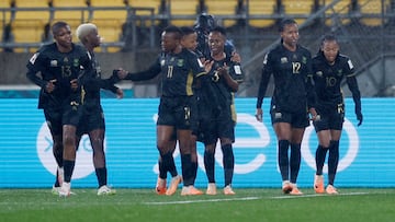 Soccer Football - FIFA Women’s World Cup Australia and New Zealand 2023 - Group G - Sweden v South Africa - Wellington Regional Stadium, Wellington, New Zealand - July 23, 2023 South Africa's Hildah Magaia celebrates scoring their first goal with Bongeka Gamede and teammates REUTERS/Amanda Perobelli