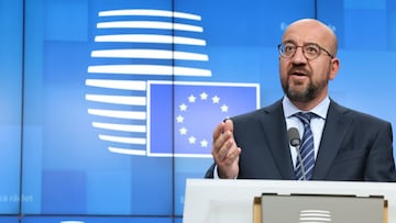 HANDOUT - 31 May 2022, Belgium, Brussels: European Council President Charles Michel and European Commission President Ursula Von der Leyen (not pictured)&nbsp;attend a joint press conference after the second day of the special meeting of the European Coun