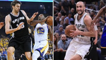 Pau Gasol y Manu Ginóbuli, durante los Playoffs de 2017.