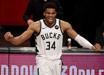 Giannis Antetokounmpo celebrates the Milwaukee Bucks' Game 7 win over the Brooklyn Nets in the Eastern Conference semi-finals.