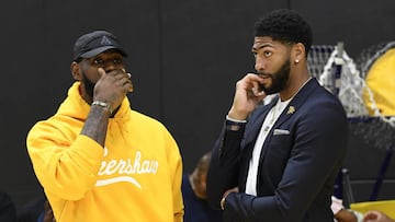 EL SEGUNDO, CA - JULY 13: LeBron James (L) talks with Anthony Davis after a press conference where Davis was introduced as the newest player of the Los Angeles Lakers at UCLA Health Training Center on July 13, 2019 in El Segundo, California. NOTE TO USER: