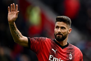 (FILES) AC Milan's French forward #09 Olivier Giroud reacts during the Italian Serie A football match between AC Milan and Empoli at San Siro stadium in Milan, on March 10, 2024. AC Milan's French international Olivier Giroud announced on May 13, 2024, that he would be leaving the Italian club at the end of the current season to pursue his career in the North American league (MLS). (Photo by GABRIEL BOUYS / AFP)
