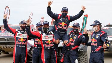 Rallying - Dakar Rally - Stage 12 - Yanbu to Jeddah, Saudi Arabia - January 15, 2021 X-Raid Mini JCW Team's Stephane Peterhansel and Co-Driver Edouard Boulanger celebrate after winning the Dakar Rally in the car category with second placed Toyota Gazoo Ra