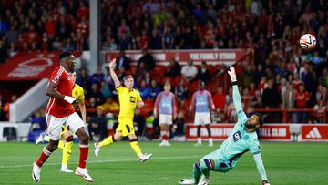 Soccer Football - Premier League - Nottingham Forest v Sheffield United - The City Ground, Nottingham, Britain - August 18, 2023 Nottingham Forest's Taiwo Awoniyi scores a goal later disallowed after a VAR review Action Images via Reuters/Peter Cziborra EDITORIAL USE ONLY. No use with unauthorized audio, video, data, fixture lists, club/league logos or 'live' services. Online in-match use limited to 75 images, no video emulation. No use in betting, games or single club /league/player publications. Please contact your account representative for further details.