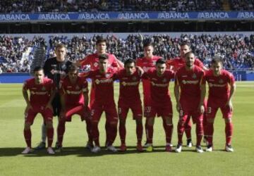 Once del Getafe. De pie: Guaita, Vergini, Vigaray y Álvaro Vázquez. Agachados: Sarabia, Pedro León, M.Ángel, Damián, Moi Gómez, Lacen y Medrán.