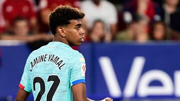 Barcelona's Spanish forward #27 Lamine Yamal is pictured during the Spanish Liga football match between CA Osasuna and FC Barcelona at El Sadar stadium in Pamplona on September 3, 2023. (Photo by ANDER GILLENEA / AFP)