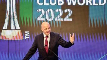 President of the International Football Federation (FIFA) Gianni Infantino gives a speech during the FIFA Club World Cup draw ceremony, in Sale north of Morocco's capital on January 13, 2023. (Photo by FADEL SENNA / AFP) (Photo by FADEL SENNA/AFP via Getty Images)
