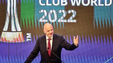 President of the International Football Federation (FIFA) Gianni Infantino gives a speech during the FIFA Club World Cup draw ceremony, in Sale north of Morocco's capital on January 13, 2023. (Photo by FADEL SENNA / AFP) (Photo by FADEL SENNA/AFP via Getty Images)