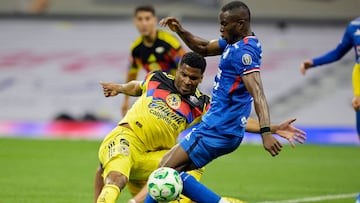 America's Colombian forward #19 Jose Raul Zuniga and Cruz Azul's Nigerian forward #11 Christian Ebere fight for the ball during the Liga MX Clausura tournament football match between America and Cruz Azul at the Azteca Stadium in Mexico City on April 11, 2026. (Photo by Alfredo ESTRELLA / AFP)