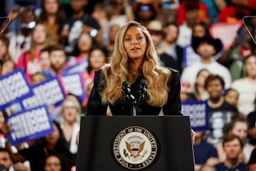 Singer Beyonce speaks during a campaign rally of Democratic presidential nominee U.S. Vice President Kamala Harris, in Houston