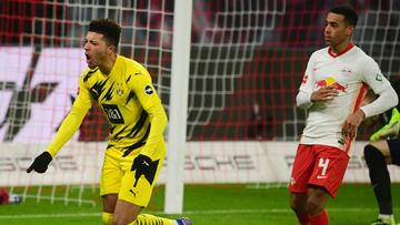 Sancho celebra su gol al Leipzig.