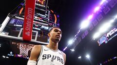 Nov 2, 2023; Phoenix, Arizona, USA; San Antonio Spurs center Victor Wembanyama (1) walks off the court against the Phoenix Suns at Footprint Center. Mandatory Credit: Mark J. Rebilas-USA TODAY Sports