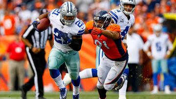 DENVER, CO - SEPTEMBER 17: Running back Ezekiel Elliott #21 of the Dallas Cowboys rushes against the Denver Broncos in the second half of a game at Sports Authority Field at Mile High on September 17, 2017 in Denver, Colorado.   Justin Edmonds/Getty Images/AFP
 == FOR NEWSPAPERS, INTERNET, TELCOS &amp; TELEVISION USE ONLY ==