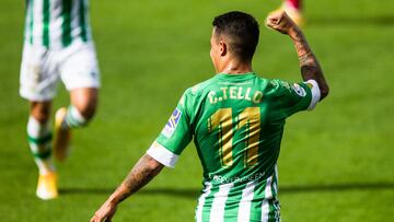 Celebrate score of Cristian Tello of Real Betis during LaLiga, football match played between Real Betis Balompie and Elche Club Futbol at Benito Villamarin Stadium on November 1, 2020 in Sevilla, Spain.
AFP7
01/11/2020 ONLY FOR USE IN SPAIN