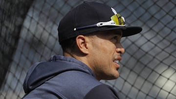 FILE - In this Saturday, March 30, 2019, file photo, New York Yankees right fielder Giancarlo Stanton watches batting practice before a baseball game against the Baltimore Orioles, in New York. Stanton is set to come off the injured list for a game against the Rays. Stanton has been sidelined since March 31 with biceps, shoulder and calf injuries, but seemed ready for a return during a minor league rehab start with four homers in five games. (AP Photo/Julie Jacobson, File)