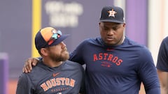 Apr 26, 2024; Mexico City, Mexico; Houston Astros pitcher Framber Valdez (right) during Mexico City Series workouts at Estadio Alfredo Harp Helu. Mandatory Credit: Kirby Lee-USA TODAY Sports