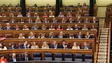 Vista de diputados durante una sesión plenaria, en el Congreso de los Diputados, a 21 de septiembre de 2023, en Madrid (España). El portavoz del PP y vicesecretario de Cultura y Sociedad Abierta del partido, Borja Sémper, ha defendido durante el pleno la enmienda de totalidad con texto alternativo registrada por el Grupo Popular a la proposición de reforma del Reglamento del Congreso que permite el uso de las lenguas cooficiales'. El equipo de Feijóo ha cerrado filas con Sémper tras las críticas de algunos diputados, que en privado han admitido que no entienden que hasta en tres ocasiones utilizara el euskera en el Pleno cuando minutos antes la propia portavoz del Grupo Popular, había criticado además que se usaran las lenguas cooficiales sin estar aprobada la reforma del Reglamento.
21 SEPTIEMBRE 2023;PLENO;LENGUAS;LENGUAS COOFICIALES;PINGANILLOS
Eduardo Parra / Europa Press
21/09/2023