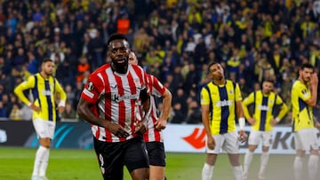 Athletic Bilbao's Spanish forward #09 Inaki Williams celebrates scoring his team' second goal during the UEFA Europa League, football match between Fenerbahce SK and Athletic Bilbao at the Sukru Saracoglu Stadium in Istanbul on December 11, 2024. (Photo by KEMAL ASLAN / AFP)