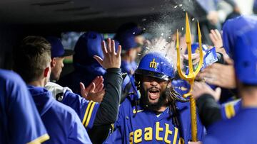 SEATTLE, WASHINGTON - SEPTEMBER 29: J.P. Crawford #3 of the Seattle Mariners reacts after his grand slam with the trident during the fourth inning against the Texas Rangers at T-Mobile Park on September 29, 2023 in Seattle, Washington.   Steph Chambers/Getty Images/AFP (Photo by Steph Chambers / GETTY IMAGES NORTH AMERICA / Getty Images via AFP)