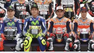 Los cuatro magn&iacute;ficos de MotoGP: Lorenzo, Rossi, M&aacute;rquez y Pedrosa, de izquierda a derecha.