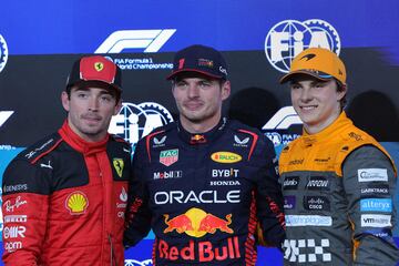 Charles Leclerc (Ferrari), Max Verstappen (Red Bull) y Oscar Piastri (McLaren). Yas Marina, Abu Dhabi. F1 2023.