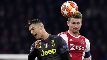 FILE - In this Wednesday, April 10, 2019 file photo, Ajax&#039;s Matthijs de Ligt, right, fights for the ball with Juventus&#039; Cristiano Ronaldo during the Champions League quarterfinal, first leg, soccer match between Ajax and Juventus at the Johan Cr