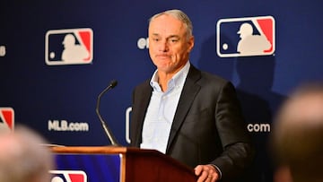 (FILES) In this file photo taken on February 10, 2022 Major League Baseball Commissioner Rob Manfred answers questions during an MLB owner&#039;s meeting at the Waldorf Astoria in Orlando, Florida. - Major League Baseball cancelled three more days of pre-