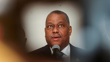 FILE PHOTO: Haiti's Prime Minister Garry Conille attends a press conference at the Port-au-Prince airport after he participated in a UN Security Council meeting, in Port-au-Prince, Haiti, July 6, 2024. REUTERS/Ralph Tedy Erol/File Photo
