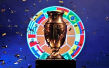 The Copa America Centenario trophy is displayed at a ceremony in Bogota, Colombia, on April 28, 2016.  / AFP PHOTO / GUILLERMO LEGARIA