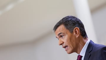 Spain's Prime Minister Pedro Sanchez speaks during a press conference with Palestinian President Mahmoud Abbas at Moncloa Palace in Madrid, Spain, September 19, 2024. REUTERS/Juan Medina