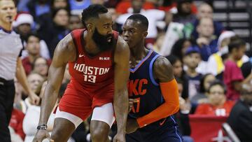 HOUSTON, TEXAS - DECEMBER 25: James Harden #13 of the Houston Rockets backs in on Dennis Schroder #17 of the Oklahoma City Thunder during the fourth quarter at Toyota Center on December 25, 2018 in Houston, Texas. NOTE TO USER: User expressly acknowledges and agrees that, by downloading and or using this photograph, User is consenting to the terms and conditions of the Getty Images License Agreement.   Bob Levey/Getty Images/AFP
 == FOR NEWSPAPERS, INTERNET, TELCOS &amp; TELEVISION USE ONLY ==