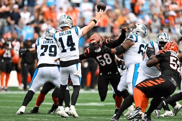 CHARLOTTE, NORTH CAROLINA - SEPTEMBER 29: Andy Dalton #14 of the Carolina Panthers throws a pass in the fourth quarter against the Cincinnati Bengals at Bank of America Stadium on September 29, 2024 in Charlotte, North Carolina.   Matt Kelley/Getty Images/AFP (Photo by Matt Kelley / GETTY IMAGES NORTH AMERICA / Getty Images via AFP)