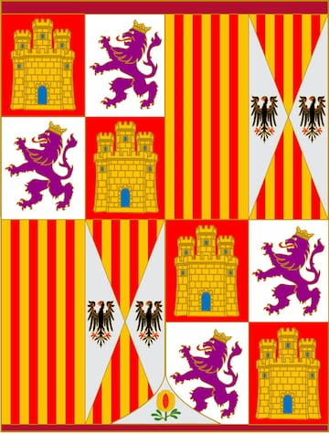 Bandera de la infantería.
Bandera seis cuarteles que representan a Reino de Castilla, Reino de León, la Corona de Aragón y el Reino de Sicilia.