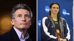 El presidente de World Athletics Sebastian Coe y la nadadora trans Lia Thomas.