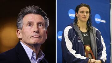 El presidente de World Athletics Sebastian Coe y la nadadora trans Lia Thomas.