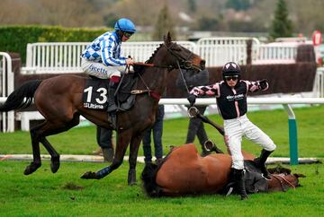 El Festival de Cheltenham, uno de los eventos hípicos más importantes del Reino Unido, vivió ayer su primer día de competición en el hipódromo del mismo nombre, en Gloucestershire. Su premio es el segundo más importante tras el del Grand National. ?En la imagen, Trelawne y su jockey, Harry Cobden, caen de forma aparatosa.