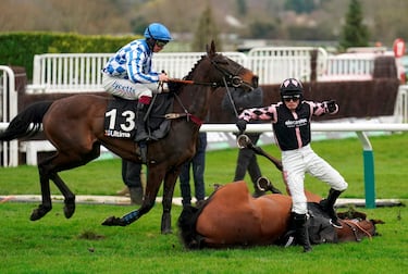 El Festival de Cheltenham, uno de los eventos hípicos más importantes del Reino Unido, vivió ayer su primer día de competición en el hipódromo del mismo nombre, en Gloucestershire. Su premio es el segundo más importante tras el del Grand National. ?En la imagen, Trelawne y su jockey, Harry Cobden, caen de forma aparatosa.