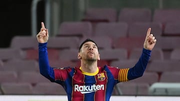 Barcelona's Argentinian forward Lionel Messi celebrates after scoring a goal during the Spanish league football match FC Barcelona against Athletic Club Bilbao at the Camp Nou stadium in Barcelona on January 31, 2021. (Photo by LLUIS GENE / AFP)
ALEGRIA
PUBLICADA 02/02/21 NA MA10 3COL