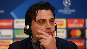 Sevilla's Italian coach Vincenzo Montella attends a press conference at Old Trafford stadium in Manchester, north west England on March 12, 2018, on the eve of their UEFA Champions League round of 16 second-leg football match against Manchester Unite