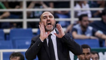 Chus Mateo, Head Coach of Real Madrid react during the 2022/2023 Turkish Airlines EuroLeague Regular Season Round 1 match between Panathinaikos Athens and Real Madrid at OAKA on October 06, 2022 in Athens, Greece.