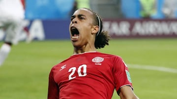 Saransk (Russian Federation), 16/06/2018.- Yussuf Poulsen of Denmark celebrates scoring the 1-0 during the FIFA World Cup 2018 group C preliminary round soccer match between Peru and Denmark in Saransk, Russia, 16 June 2018.
 
 (RESTRICTIONS APPLY: Editor