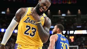 Oct 15, 2024; Las Vegas, Nevada, USA; Los Angeles Lakers forward LeBron James (23) reacts to a play against the Golden State Warriors in the third quarter of their preseason game at T-Mobile Arena. Mandatory Credit: Candice Ward-Imagn Images